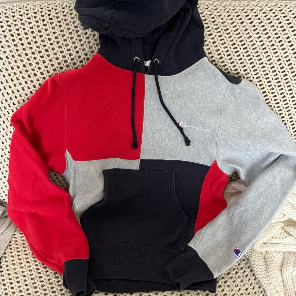 Champion Men's Navy, Red, and Gray Color Block Reverse Weave Hoodie.